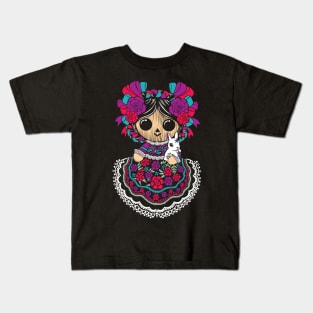 Cute Lele Mexican Doll Embroidery Effect Mex Art Kids T-Shirt